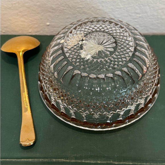 Vintage William Adams Gold Etched Lead Crystal Bowl with Silver Plated Spoon - Picture 7 of 12